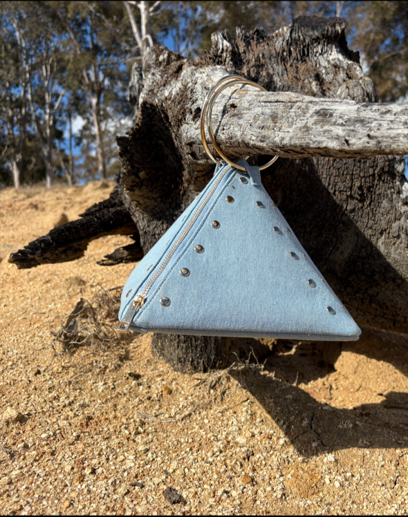 Light Denim Pyramid Clutch with Gold Accent | RAAVU