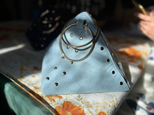 Light Denim Pyramid Clutch with Gold Accent | RAAVU