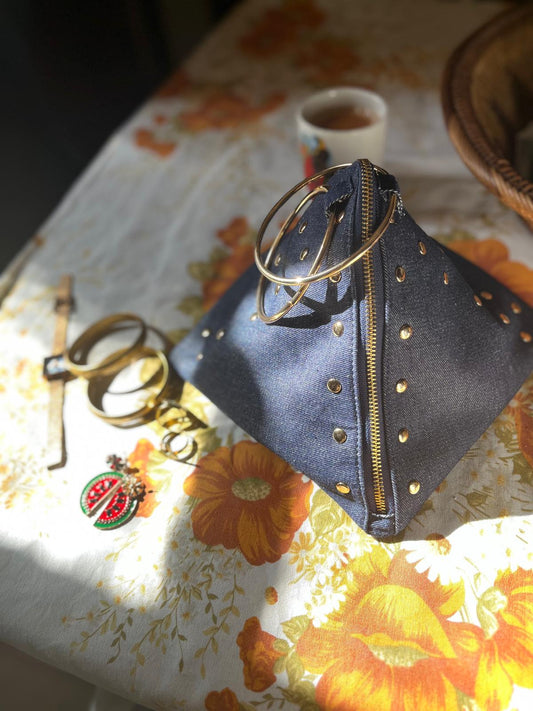 Dark Denim Pyramid Clutch with Gold Accent | RAAVU